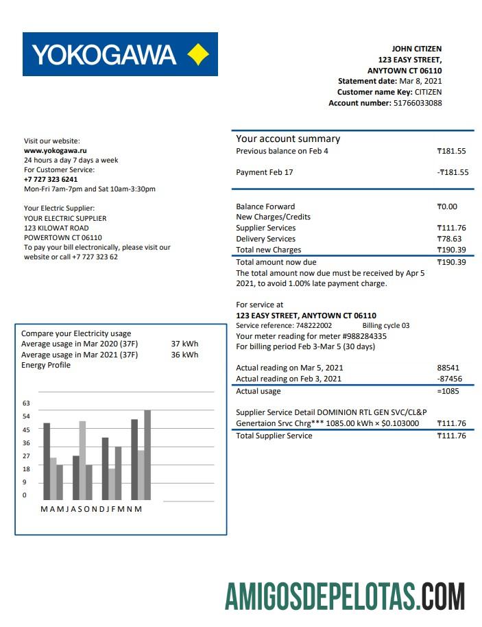 realista Modelo de conta de serviços públicos do Cazaquistão Yokogawa Electric Cazaquistão em formato Word e PDF (.doc e .pdf)